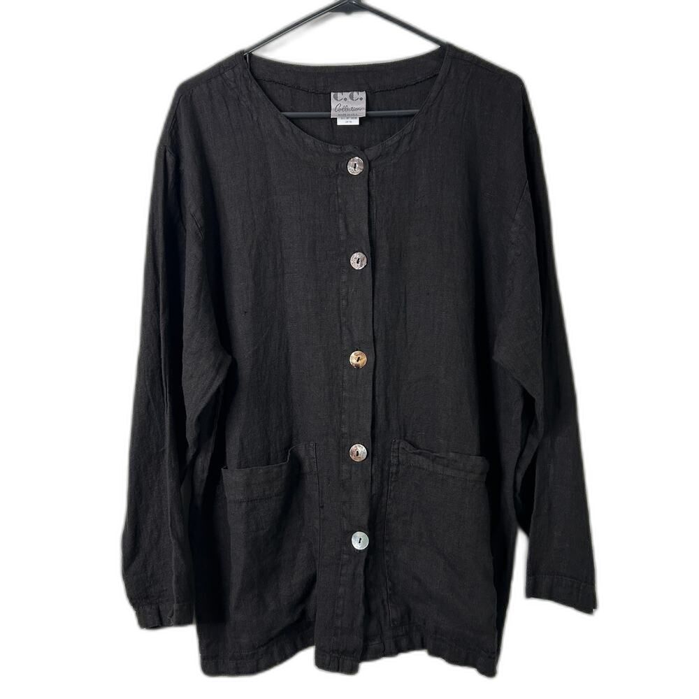 C.C. Collection Linen Button Up Jacket Black Pockets USA Womens Large